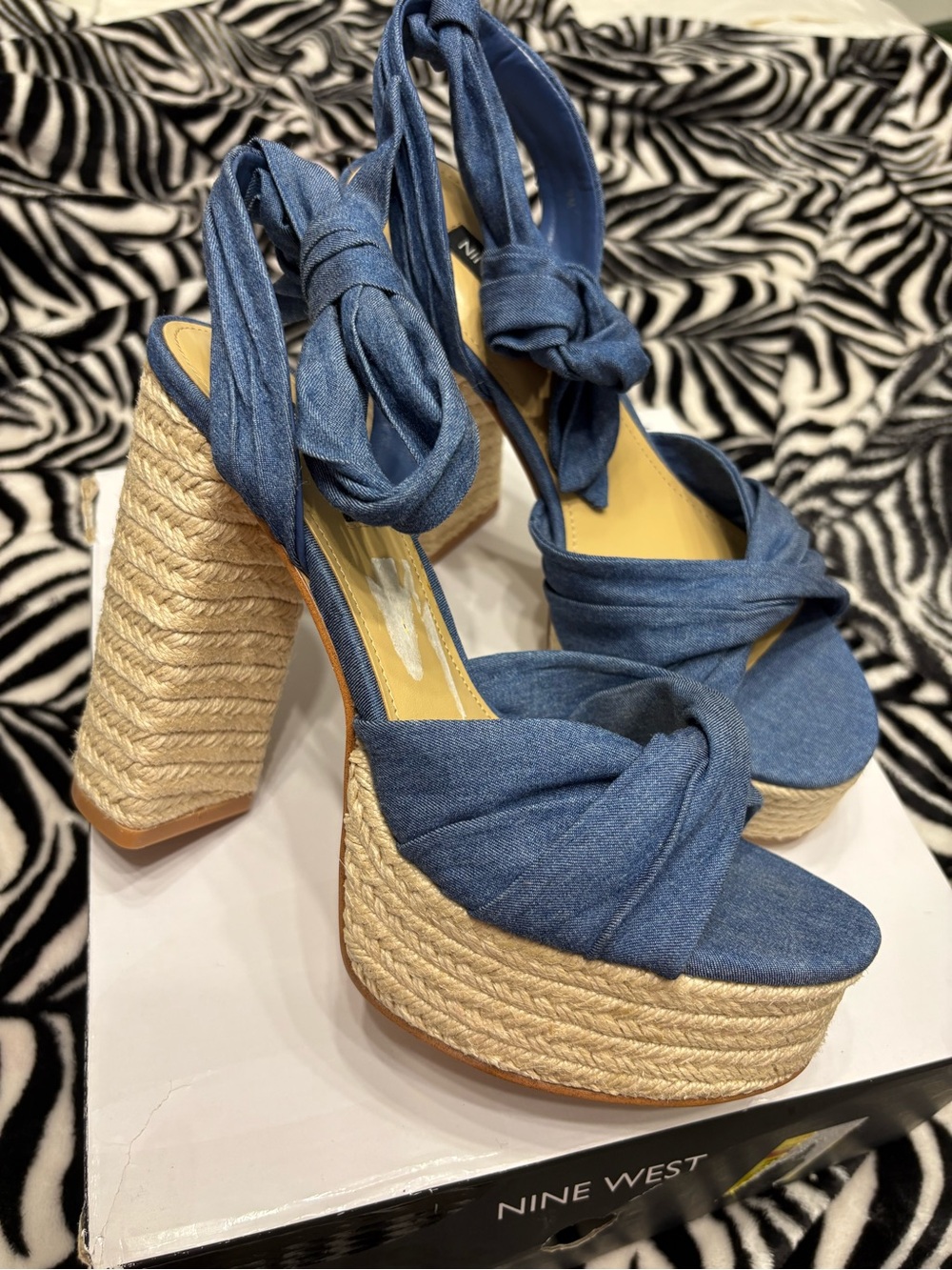 Nine West Blue Denim Espadrille Wrap Platform Sandals